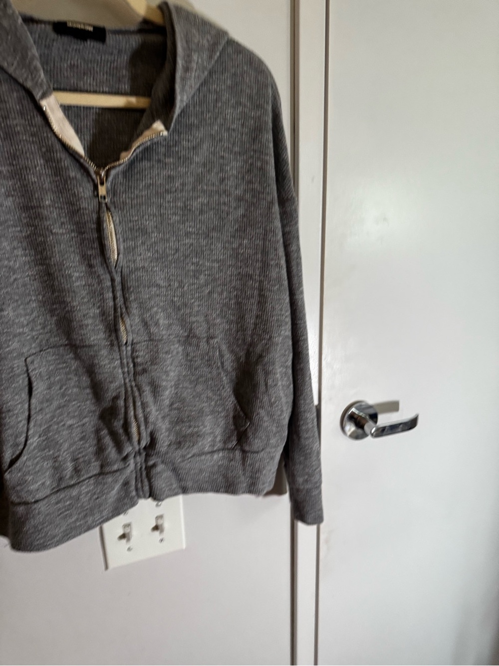Monrow Grey Ribbed Original Zip Up Hoodie - Picture 9 of 11